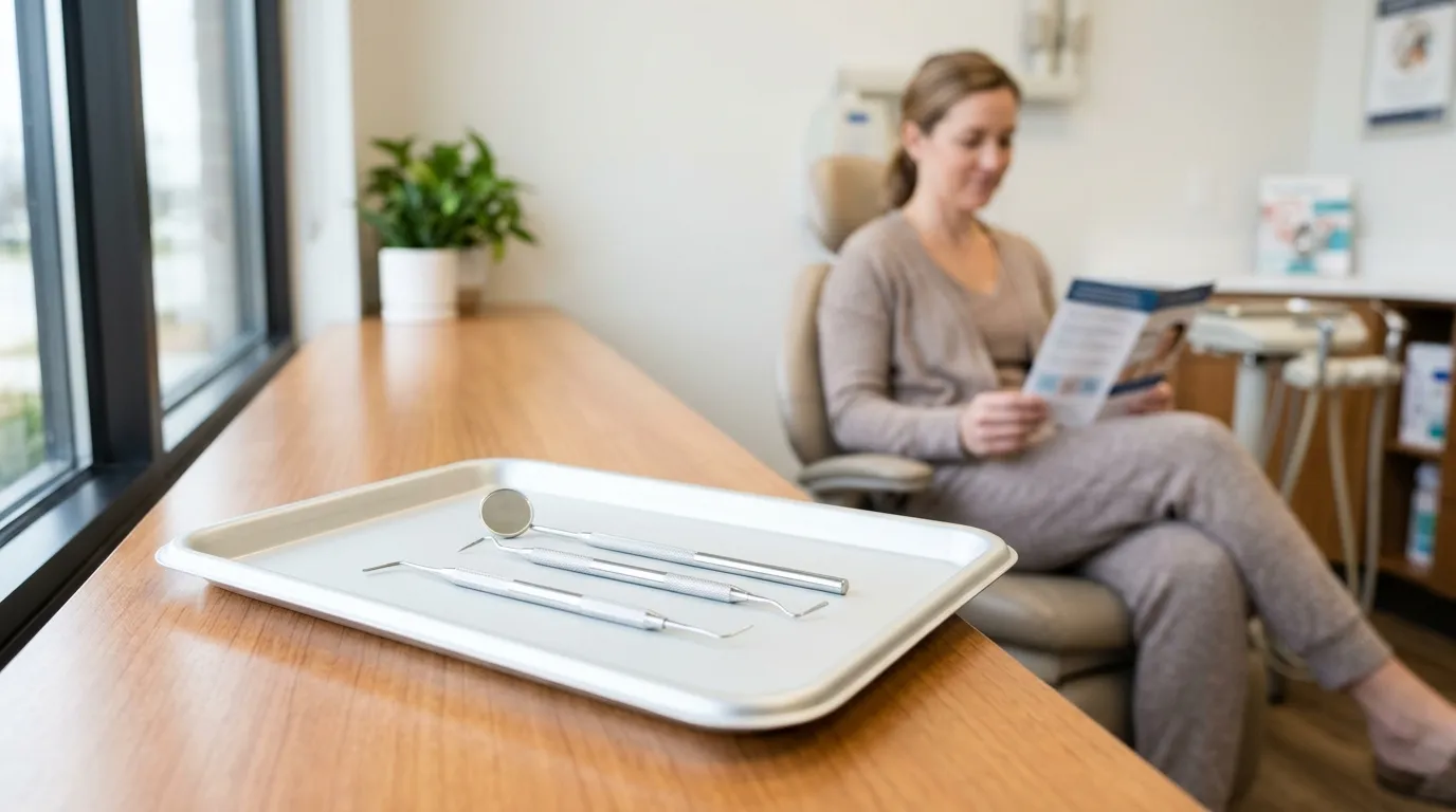 Dental tools and a mirror sitting on a clean tray