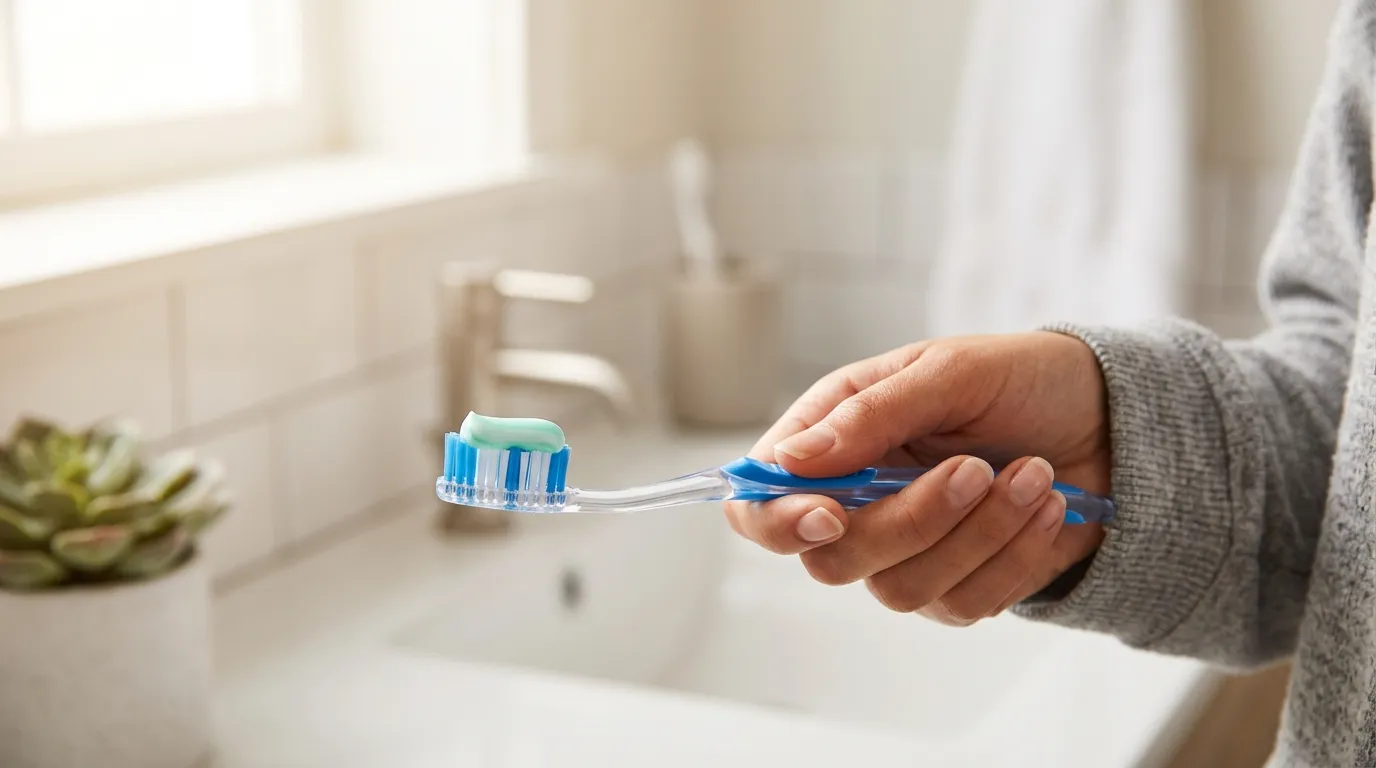 Close-up of toothbrush with toothpaste ready for brushing