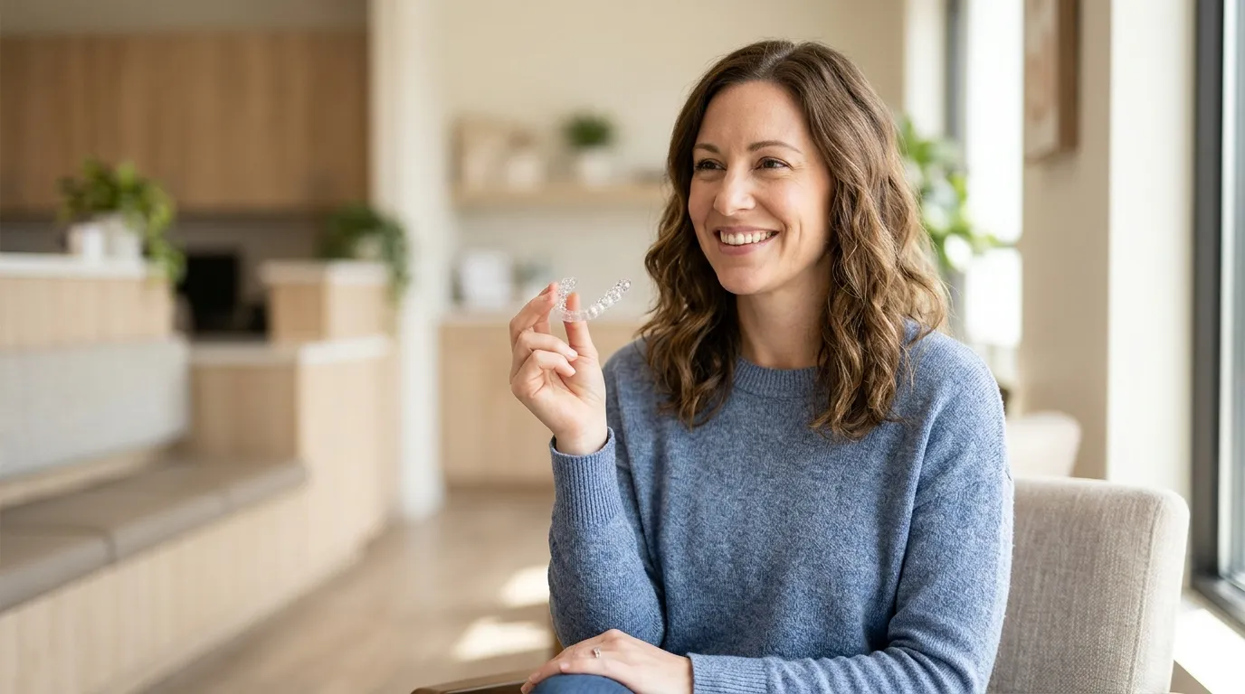 Smiling person holding a clear orthodontic aligner