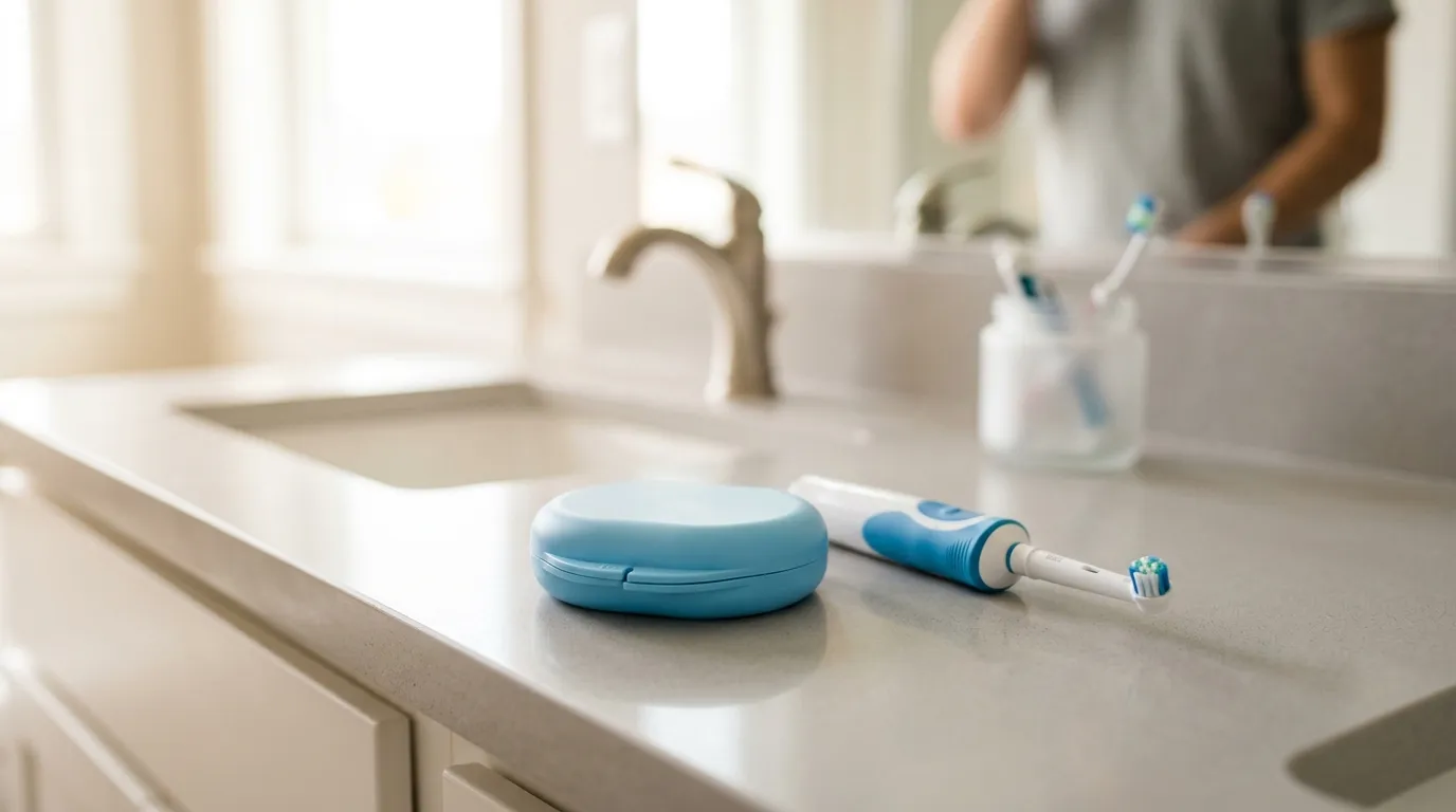 Clear aligner case and toothbrush on a clean bathroom counter