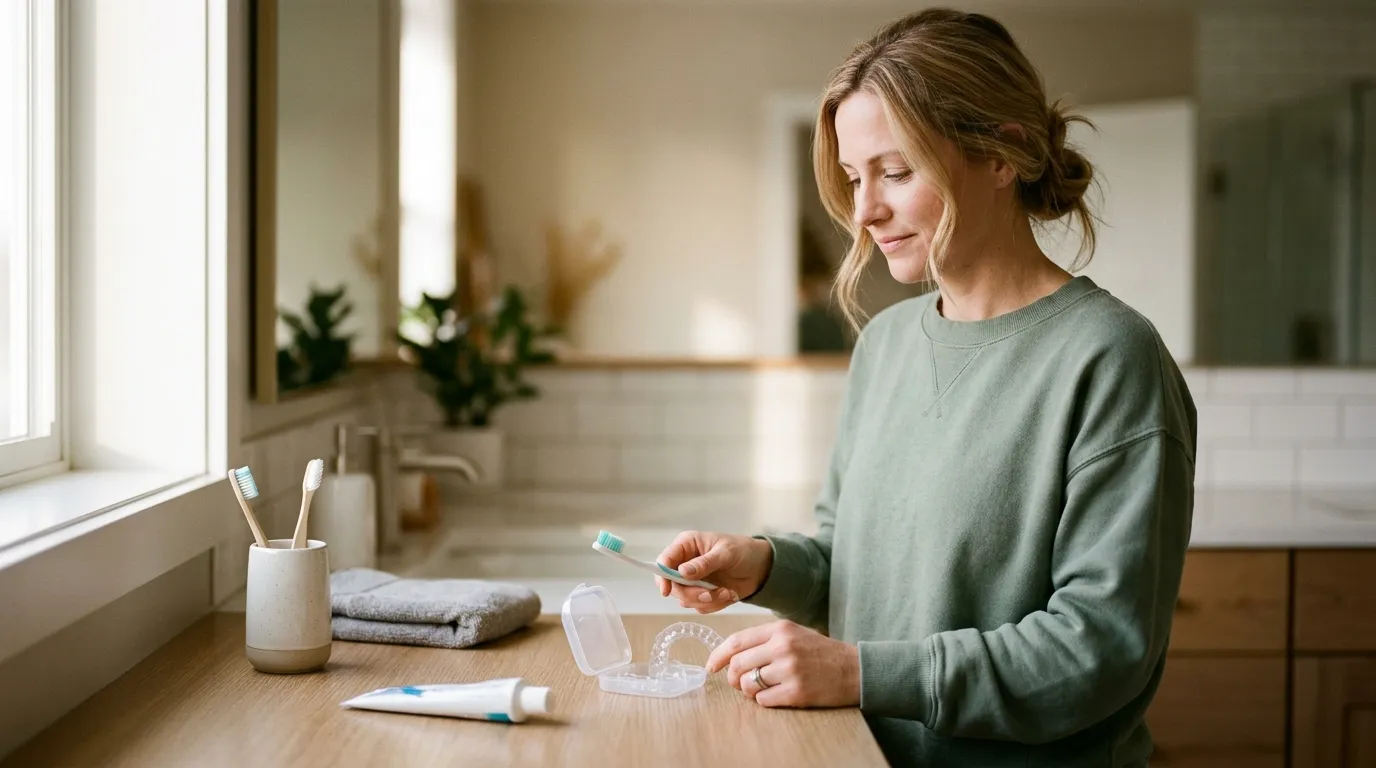 Dental care items like a toothbrush and toothpaste on a counter