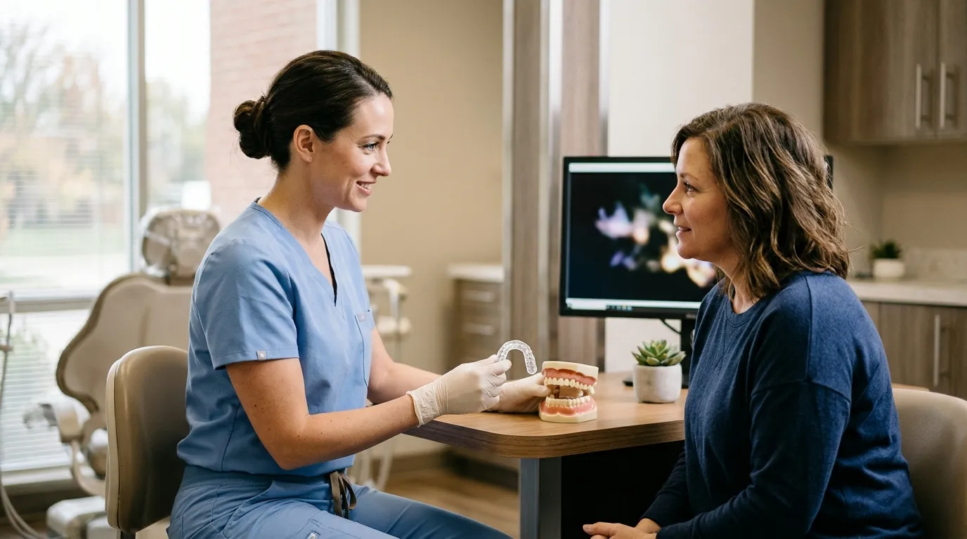 Dentist explaining dental treatment to a patient in a modern dental office