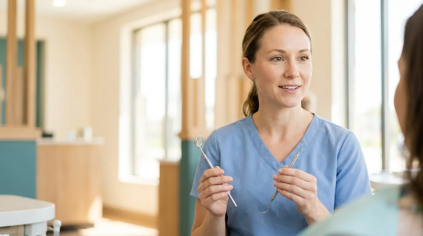Dental professional holding a mirror and scaler