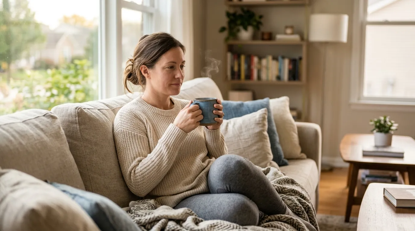 Person resting with tea while feeling sick