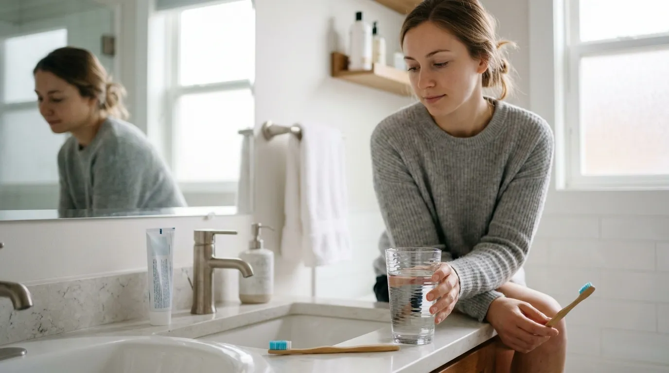 Toothbrush and glass of water on a bathroom counter